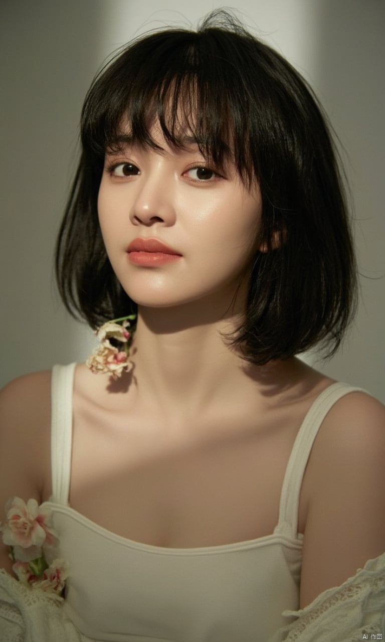 A mature Asian woman with a bun head,solo, looking at viewer, short hair, black hair, bare shoulders, brown eyes, closed mouth, collarbone, upper body, flower, black eyes, lips, shadow, realistic, very short hair