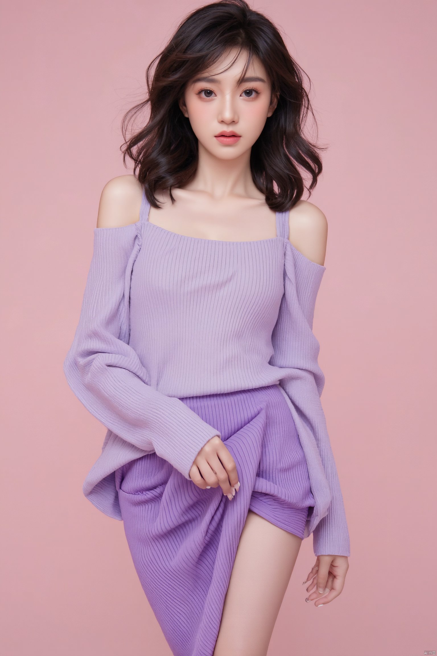 best quality, masterpiece, ultra high res,1girl, big breast, looking at viewer,pure color background, 1girl, solo, looking at viewer, skirt, brown hair, shirt, black hair, long sleeves, holding, jewelry, earrings, medium hair, sweater, lips, purple skirt, realistic.yosshi film