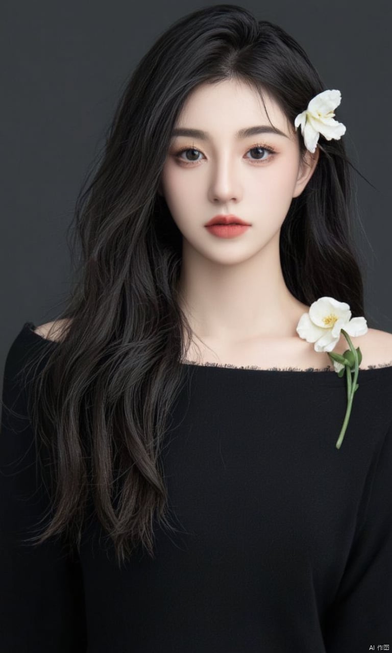 1girl, solo, long hair, looking at viewer, simple background, black hair, upper body, flower, parted lips, hair over one eye, black eyes, lips, white flower, black background, one eye covered, realistic, red lips