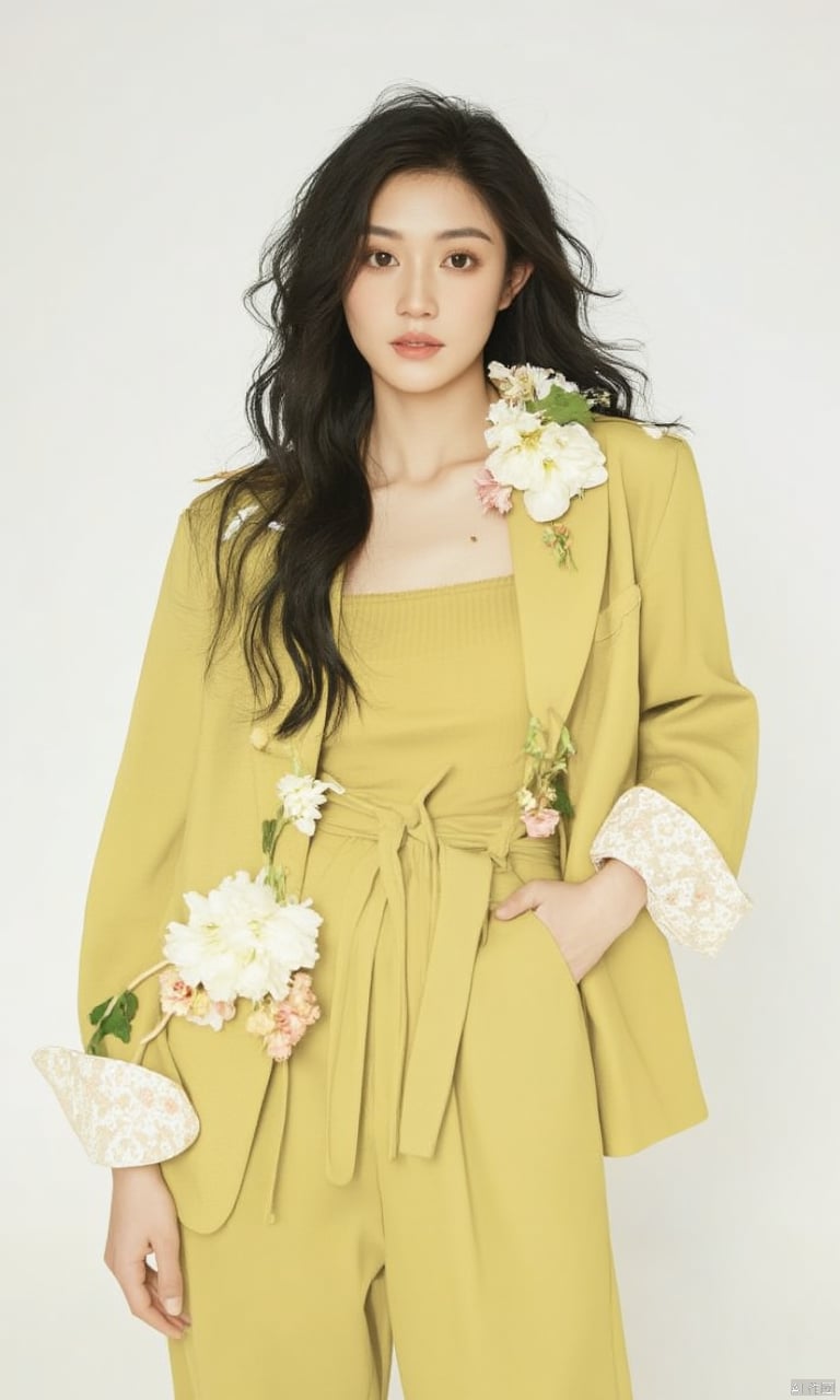 A mature Asian woman with a bun head,solo, long hair, looking at viewer, simple background, black hair, long sleeves, white background, dress, flower, parted lips, lips, petals, messy hair, hand in pocket, realistic, yellow dress