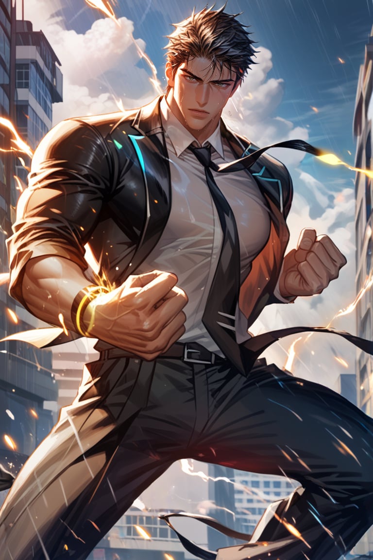 score_9, score_8_up, score_7_up, source_anime, best quality, masterpiece, (zPDXL3), full body, looking at viewer,
BREAK, 
male focus, solo, bara, 1boy, song_taewon, black hair, black eyes, short hair, sideburn, muscular male, shiny skin, sweat, steaming body, 
BREAK, 
wear suit, black jacket, tie, glowing strings, wind, fighting stance, torned clothes, open clothes, masculine expression, confident,
BREAK,
ruined building, outdoor, cloudy sky, raining,