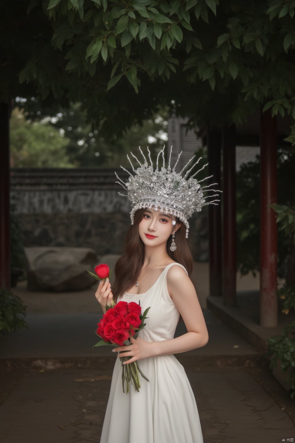 1girl, solo, long hair, looking at viewer, smile, brown hair, dress, holding, jewelry, standing, flower, earrings, outdoors, white dress, tree, sleeveless dress, rose, red flower, red rose, bouquet, realistic, holding bouquet, photo background,A young girl wearing a silver Miao ethnic headdress