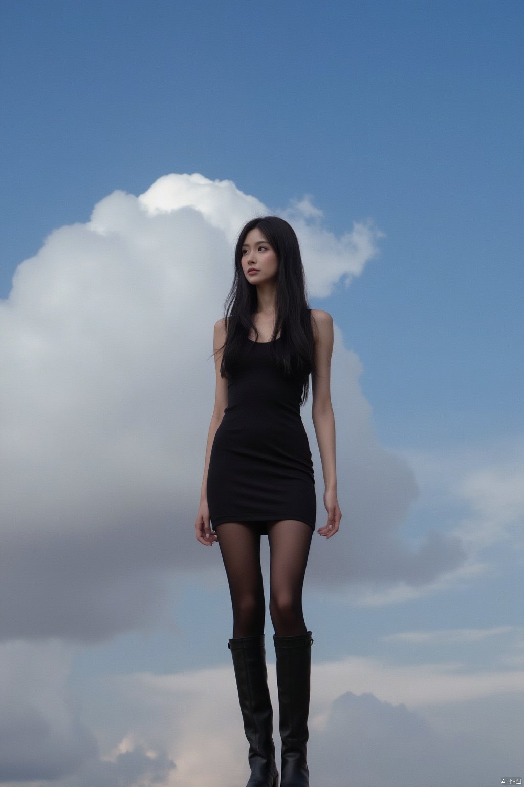 1girl, solo, long hair, breasts, black hair, dress, standing, pantyhose, boots, outdoors, sky, sleeveless, day, cloud, black footwear, black dress, knee boots, realistic