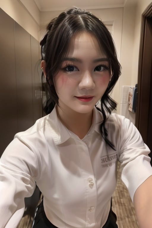 A beautiful woman, wearing a white uniform, selfie, in the room, fingers,christy_jkt48,Masterpiece