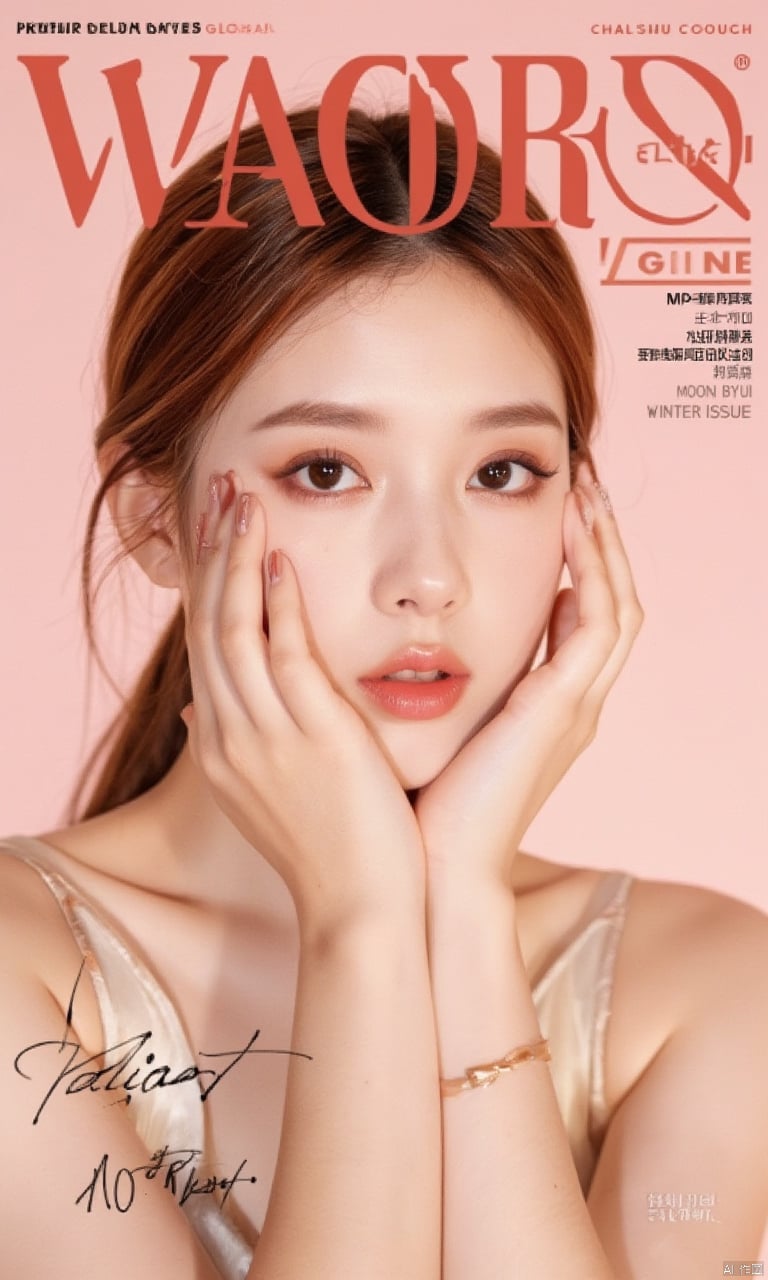 1girl,(8k, RAW photo, best quality, masterpiece:1.2),This is a magazine cover with the title "CHINA WAVES GLOBAL" in bold,uppercase letters at the top left corner. The cover is dominated by a soft pink background that gives it a warm and inviting feel. The main subject of the cover is a person with light brown hair,styled in a way that the hair falls naturally around the shoulders. The person is wearing a sleeveless top and has their hands delicately placed on their face,with one hand gently resting on the cheek and the other hand positioned near the chin.,
The person's makeup is subtle,with a focus on the eyes,which are accentuated by a smoky eye shadow and defined eyeliner. The lips are coated in a glossy,neutral shade that complements the overall look. The person is also wearing a thin bracelet on the wrist,adding a touch of elegance to the overall appearance.,
At the bottom of the cover,there is a signature or a handwritten word that reads "Valiant," which could be the name of the featured person or the theme of the issue. Below that,the name "MOON BYUL" is written,which could be the name of the featured person or the photographer.,
On the right side of the cover,there is a small text that reads "2021 WINTER ISSUE," indicating the season of the magazine.,
Overall,the cover exudes a sense of sophistication,elegance,and warmth,with a focus on the beauty and style of the featured individual.,,