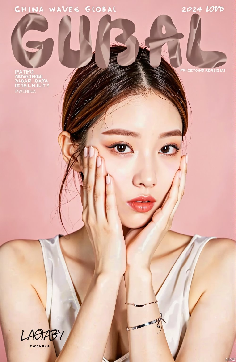 (8k, RAW photo, best quality, masterpiece:1.2),This is a magazine cover with the title "CHINA WAVES GLOBAL" in bold,uppercase letters at the top left corner.  The cover is dominated by a soft pink background that gives it a warm and inviting feel.  The main subject of the cover is a person with light brown hair,styled in a way that the hair falls naturally around the shoulders.  The person is wearing a sleeveless top and has their hands delicately placed on their face,with one hand gently resting on the cheek and the other hand positioned near the chin.,
The person's makeup is subtle,with a focus on the eyes,which are accentuated by a smoky eye shadow and defined eyeliner.  The lips are coated in a glossy,neutral shade that complements the overall look.  The person is also wearing a thin bracelet on the wrist,adding a touch of elegance to the overall appearance.,
At the bottom of the cover,there is a signature or a handwritten word that reads "LAOBABY," which could be the name of the featured person or the theme of the issue.  Below that,the name "FWENHUA" is written,which could be the name of the featured person or the photographer.,
On the right side of the cover,there is a small text that reads "2024 LOVE,"
Overall,the cover exudes a sense of sophistication,elegance,and warmth,with a focus on the beauty and style of the featured individual.,,