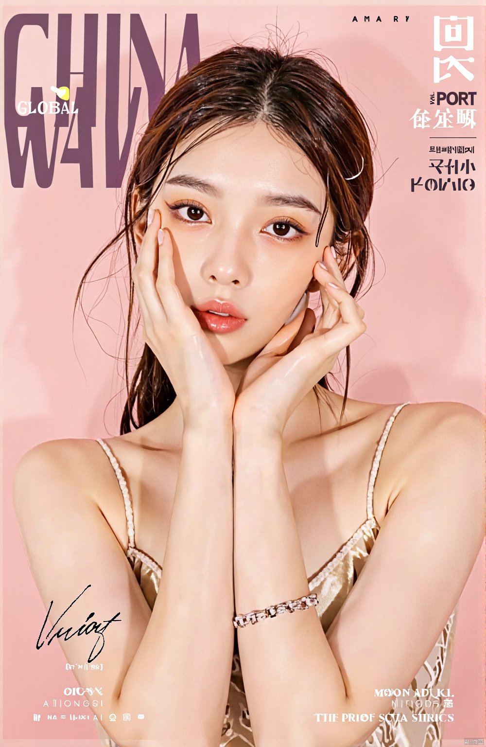 (8k, RAW photo, best quality, masterpiece:1.2),This is a magazine cover with the title "CHINA WAVES GLOBAL" in bold,uppercase letters at the top left corner. The cover is dominated by a soft pink background that gives it a warm and inviting feel. The main subject of the cover is a person with light brown hair,styled in a way that the hair falls naturally around the shoulders. The person is wearing a sleeveless top and has their hands delicately placed on their face,with one hand gently resting on the cheek and the other hand positioned near the chin.,
The person's makeup is subtle,with a focus on the eyes,which are accentuated by a smoky eye shadow and defined eyeliner. The lips are coated in a glossy,neutral shade that complements the overall look. The person is also wearing a thin bracelet on the wrist,adding a touch of elegance to the overall appearance.,
At the bottom of the cover,there is a signature or a handwritten word that reads "Valiant," which could be the name of the featured person or the theme of the issue. Below that,the name "MOON BYUL" is written,which could be the name of the featured person or the photographer.,
On the right side of the cover,there is a small text that reads "2021 WINTER ISSUE," indicating the season of the magazine.,
Overall,the cover exudes a sense of sophistication,elegance,and warmth,with a focus on the beauty and style of the featured individual.,,