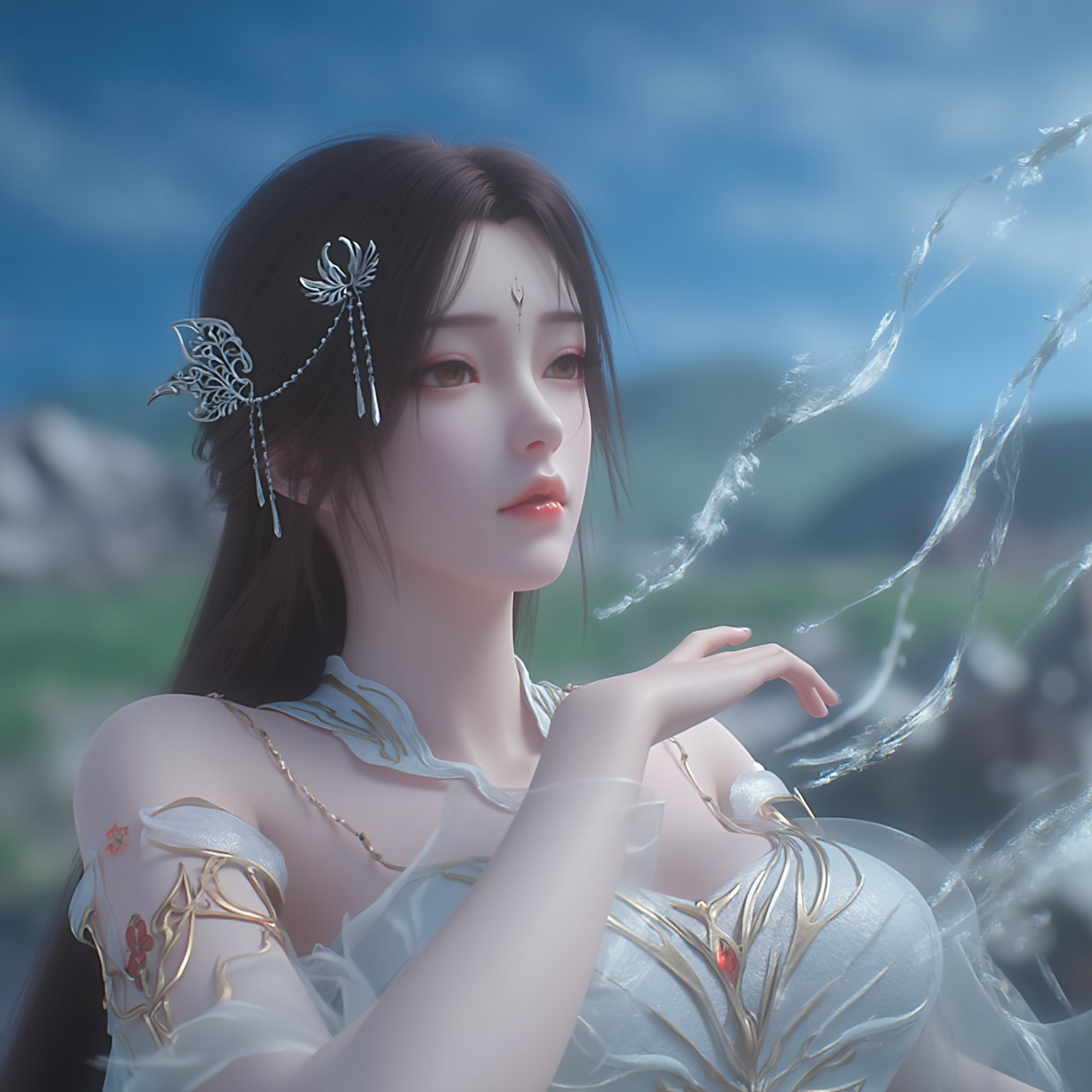 1girl, solo, long hair, brown hair, hair ornament, dress, sitting, upper body, white dress, facial mark, hand on own chest, forehead mark,Xhuolinger,Xyunxi,Xyunxiao,(Lotus, lotus pond, ancient Chinese architecture, blue sky and white clouds:1.29),