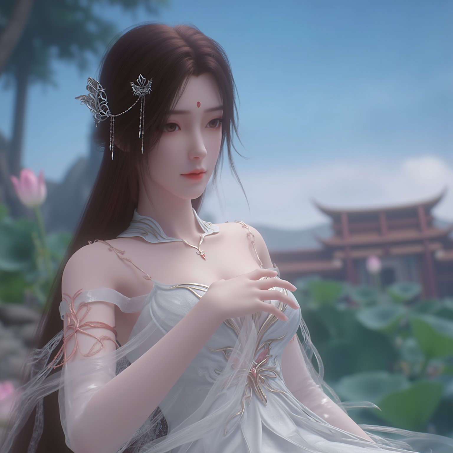 1girl, solo, long hair, brown hair, hair ornament, dress, sitting, upper body, white dress, facial mark, hand on own chest, forehead mark,Xhuolinger,Xyunxi,Xyunxiao,(Lotus, lotus pond, ancient Chinese architecture, blue sky and white clouds:1.29),