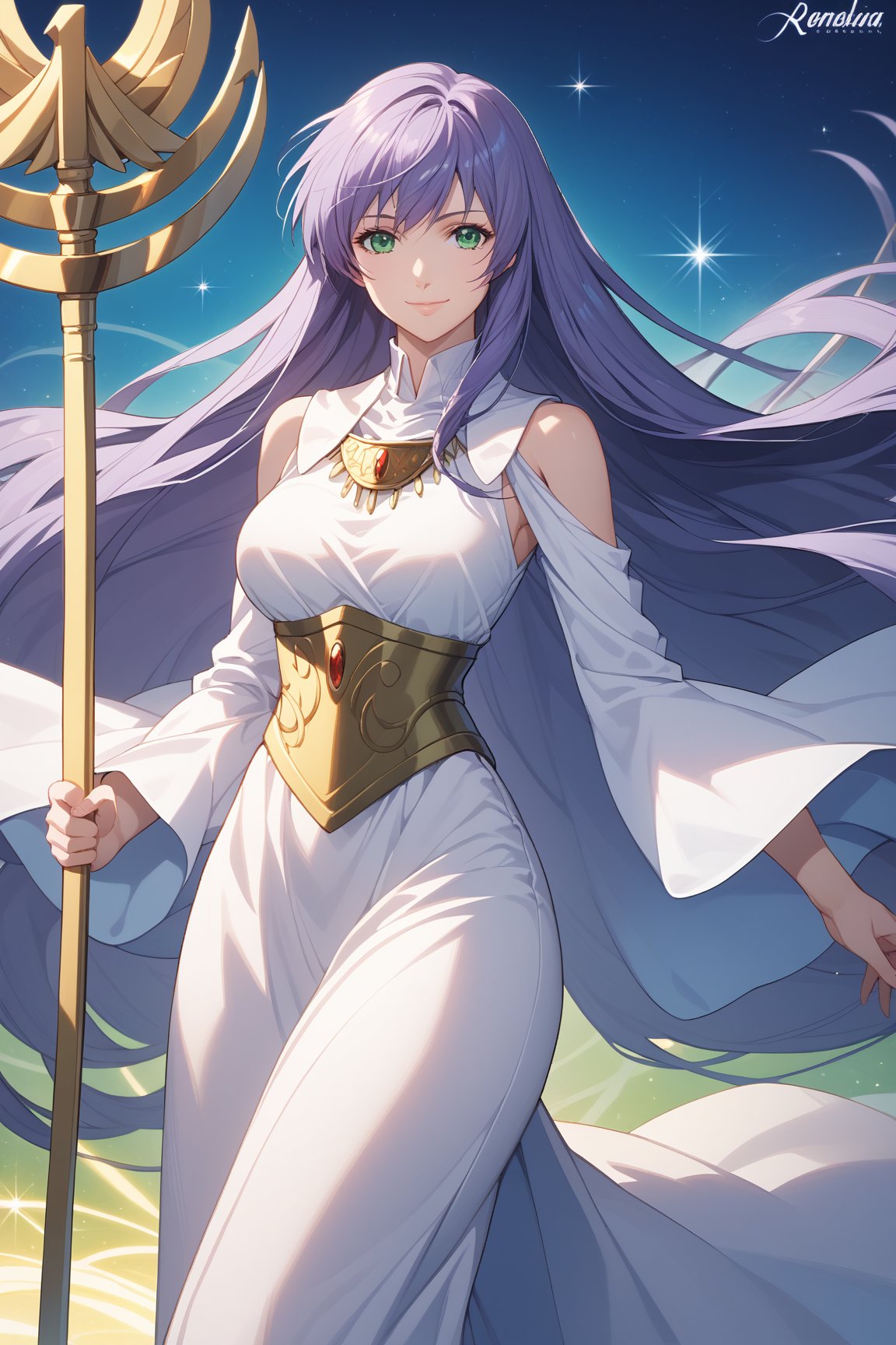 score_9, score_8_up, score_7_up, source_anime,sasha, long hair, looking at viewer, smile, dress, holding, jewelry, very long hair, closed mouth, green eyes, standing, purple hair, shiny, necklace, white dress, shiny hair, clothing cutout, sparkle, staff, holding staff, long dress, logo, shoulder cutout,