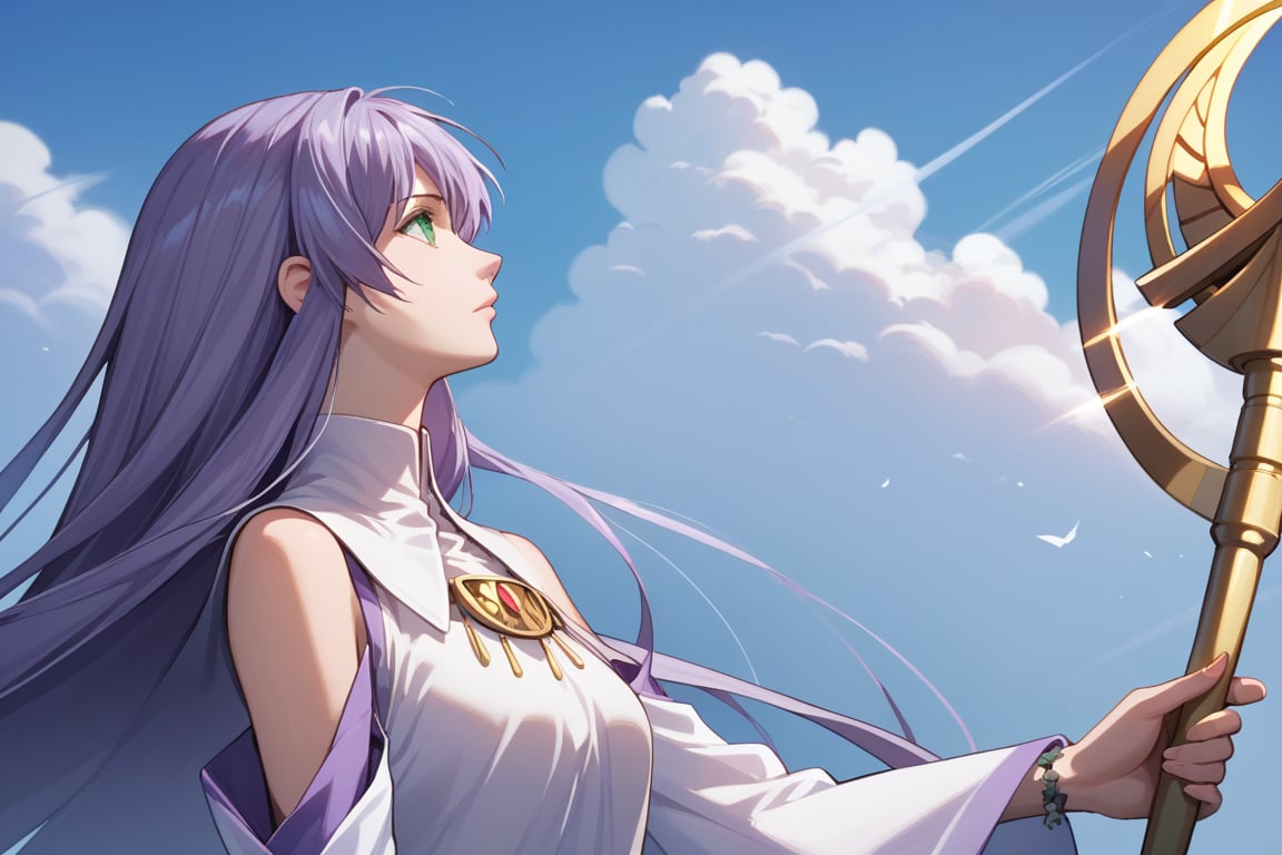 score_9, score_8_up, score_7_up, source_anime, sasha, long hair, dress, holding, very long hair, green eyes, upper body, purple hair, detached sleeves, sky, day, cloud, from side, profile, looking up, staff, light purple hair