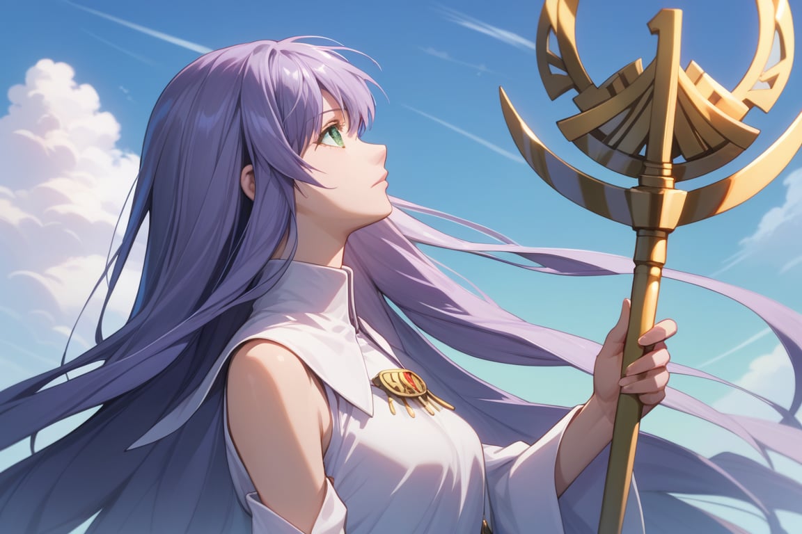 score_9, score_8_up, score_7_up, source_anime, sasha, long hair, dress, holding, very long hair, green eyes, upper body, purple hair, detached sleeves, sky, day, cloud, from side, profile, looking up, staff, light purple hair