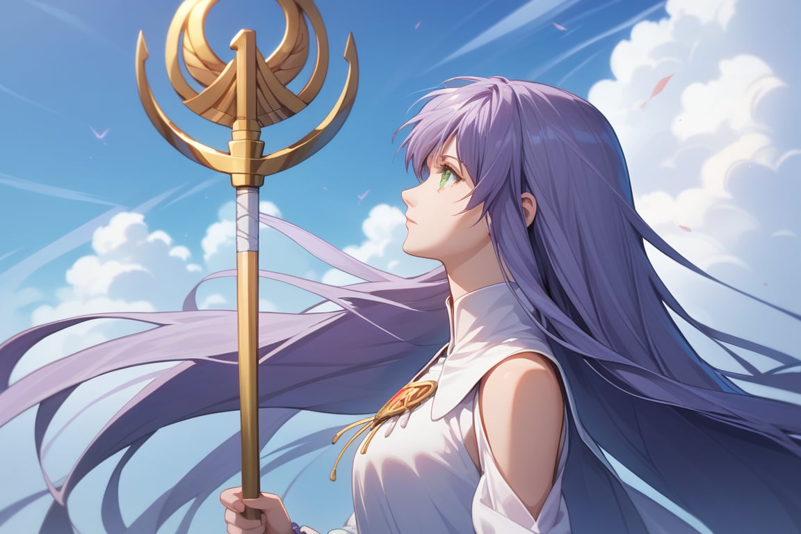 score_9, score_8_up, score_7_up, source_anime, sasha, long hair, dress, holding, very long hair, green eyes, upper body, purple hair, detached sleeves, sky, day, cloud, from side, profile, looking up, staff, light purple hair