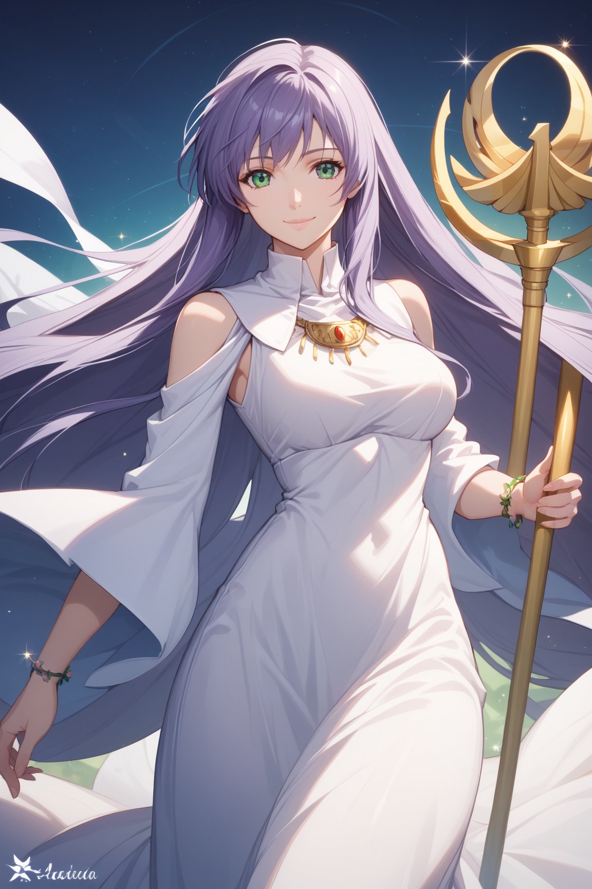 score_9, score_8_up, score_7_up, source_anime,sasha, long hair, looking at viewer, smile, dress, holding, jewelry, very long hair, closed mouth, green eyes, standing, purple hair, shiny, necklace, white dress, shiny hair, clothing cutout, sparkle, staff, holding staff, long dress, logo, shoulder cutout,