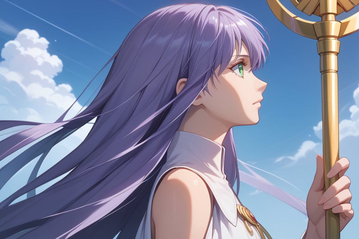 score_9, score_8_up, score_7_up, source_anime, sasha, long hair, dress, holding, very long hair, green eyes, upper body, purple hair, detached sleeves, sky, day, cloud, from side, profile, looking up, staff, light purple hair