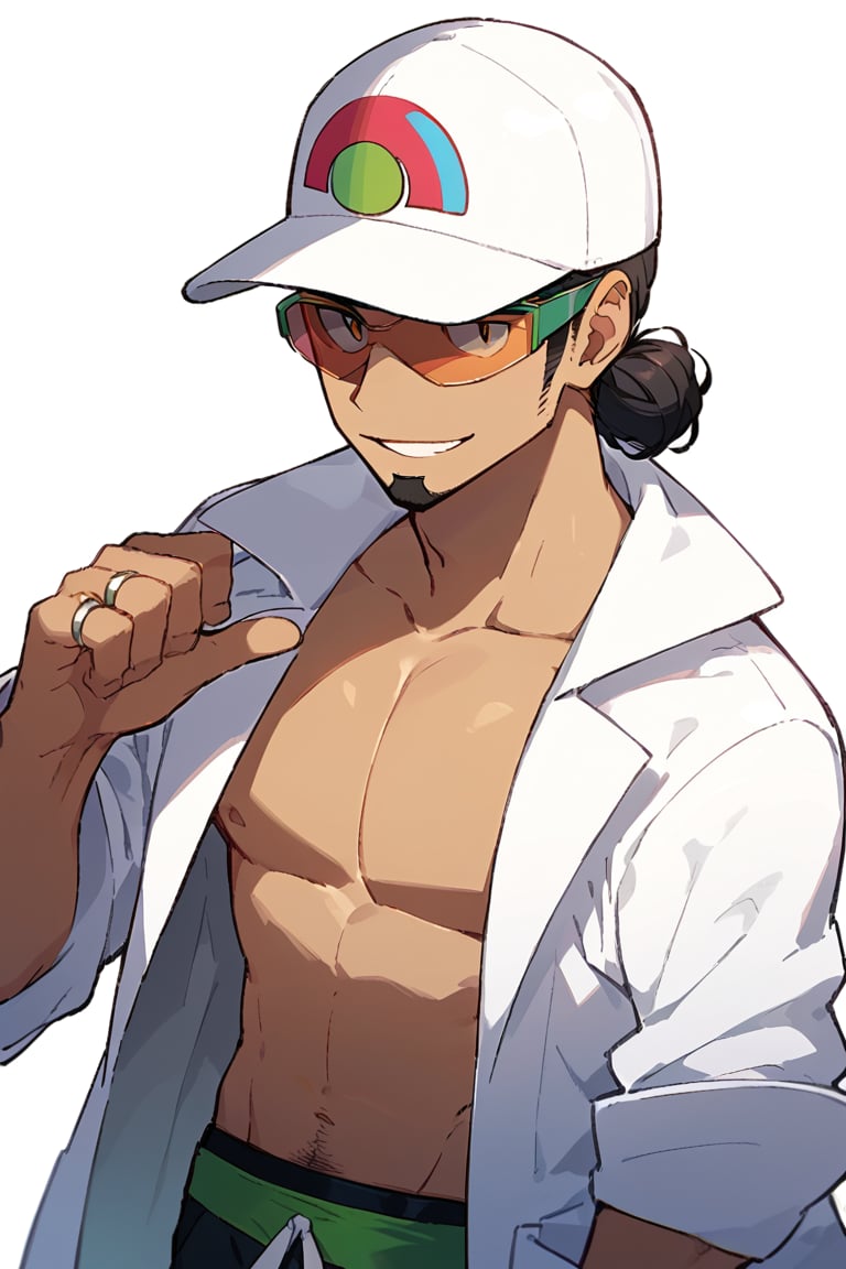 score_9, score_8_up, score_7_up, score_6_up, score_5_up, score_4_up, source_anime, beautiful eyes, male focus, looking at viewer, simple background, white background, 1boy, smile, upper body, face close up, 
kukui, black hair, black eyes, dark skin, single hair bun, goatee,
guy, toned male, (muscular:0.7), (abs:0.7), (pecs:0.8),
sunglasees, ring, labcoat, open coat, hat, baseball cap,