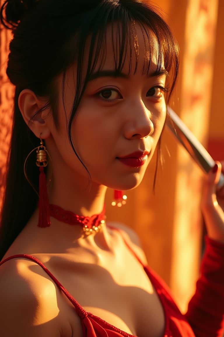 Cinematic close-up of an ancient oriental beauty, her porcelain-like complexion bathed in warm, golden light. She stands vigilant with a dynamic pose, dark ruby eyes focused, hand grasping a sword. Raven-black hair with soft bangs, thigh straps and knee-length stockings peeking out from beneath a flowing pleated skirt. Dangling earrings glimmer, crimson high-heeled boots radiating an inner flame. Subtle glow accentuates the delicate sheen on her fingernails. Midjourney style.