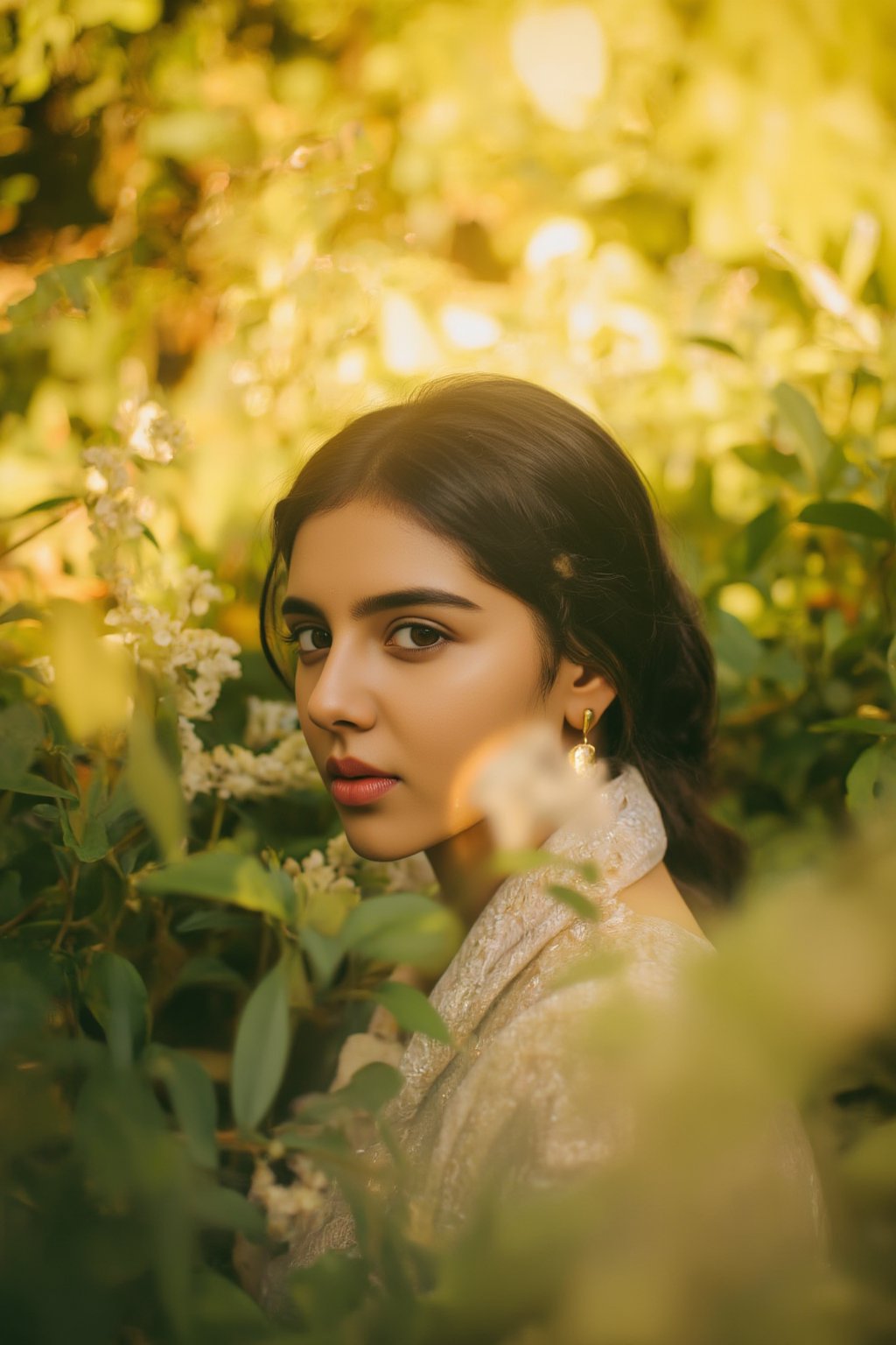 A stunning portrait of Kalyani Priyadarshan, framed by a warm golden light. She sits serenely in a lush greenery-filled setting, her long hair cascading down her back like a gentle waterfall. Her eyes sparkle with quiet confidence as she gazes softly into the distance.,Sahana15,Kalyani priyadarsh