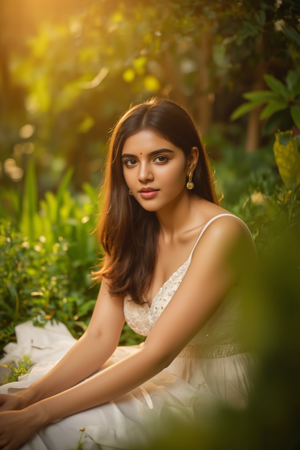 A stunning portrait of Kalyani Priyadarshan, framed by a warm golden light. She sits serenely in a lush greenery-filled setting, her long hair cascading down her back like a gentle waterfall. Her eyes sparkle with quiet confidence as she gazes softly into the distance.,Sahana15 