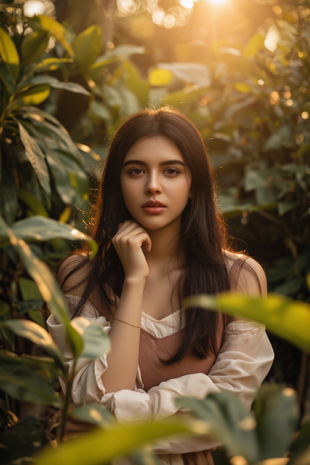 A stunning portrait of Kalyani Priyadarshan, framed by a warm golden light. She sits serenely in a lush greenery-filled setting, her long hair cascading down her back like a gentle waterfall. Her eyes sparkle with quiet confidence as she gazes softly into the distance.,Sahana15,Kalyani priyadarsh