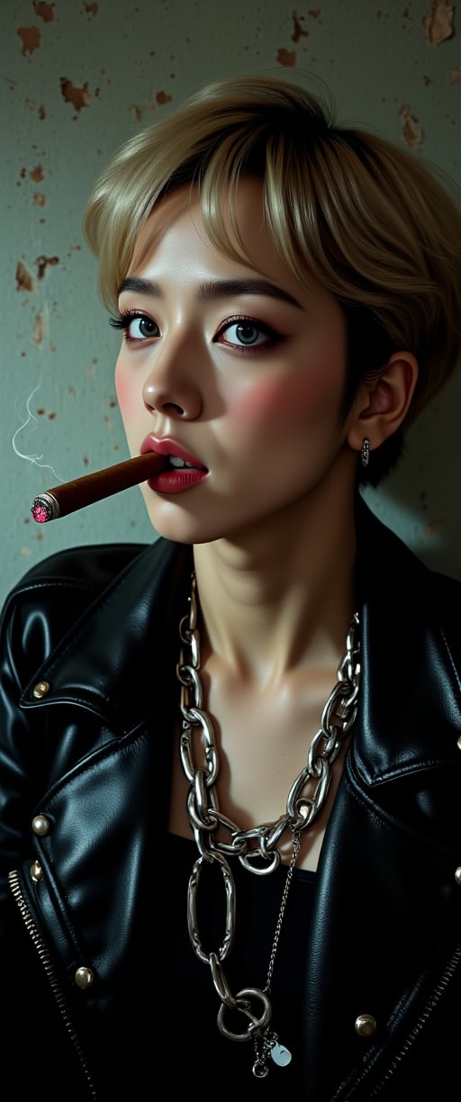 portrait photo of a rebellious, edgy woman with short, tousled hair with blonde highlights. striking blue eyes with dramatic makeup that gives her a bold, defiant look, wearing a black leather jacket with metal spikes, and chunky silver chains around her neck, she is smoking a cigar, smoke curling around her face, enhancing the gritty, intense atmosphere. The background is simple and slightly worn, distressed wall, (red glowing cigar end),ct-sensual-v2