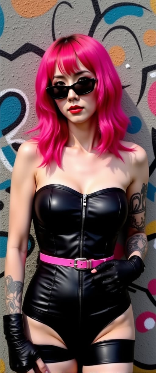 a vibrant pink haired woman stands in front of a wall adorned with graffiti. She is dressed in a black leather strapless corset, adorned with a pink belt and black leather gloves. Her hair cascades over her shoulders, adding a pop of color to her face. She's wearing a pair of black sunglasses, her lips are painted pink. Her arms are covered in tattoos, adding texture to the scene.