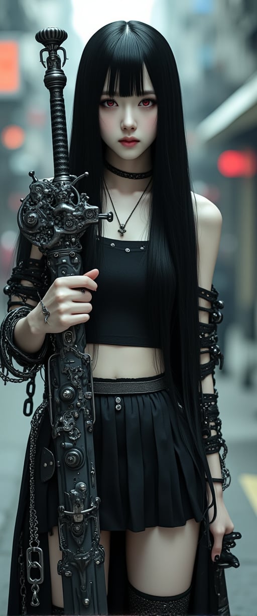 

A masterpiece photograph shot on Canon EOS R6, showcasing a stunning young woman with long, black hair and striking red eyes. She stands in a dystopic urban setting, dressed in a pleated skirt adorned with jewelry and a thigh strap. Her bangs are blunt, framing her pale skin and black nails. In one hand, she holds a large, mechanical sword covered in intricate parts, gears, and rivets, contrasting with her delicate features. The other hand is wrapped in chains, adding to the sinister aura. Her gaze meets the viewer's, exuding confidence and mystery. The overall atmosphere is whimsical and youthful, reflecting the unique Xianji subculture. Ultra-realistic details include 64k HDR, highly detailed skin, and ultra-sharp features. Capture this captivating scene with a photorealistic image that tells a story of contrasts.