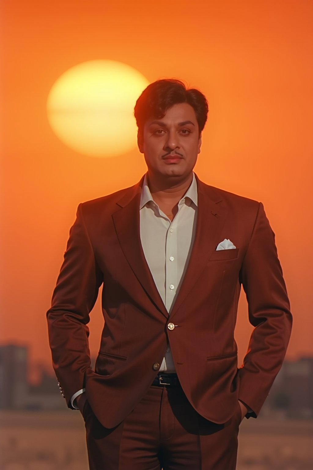 A nostalgic scene from vintage Indian cinema: A classic 1950s-style movie poster comes to life as a mgr in a stunning suit poses elegantly against a warm, golden sunset backdrop. Soft focus and dreamy lighting evoke the era's iconic filmmaking style, while the mgr's confident expression pays homage to legendary actors