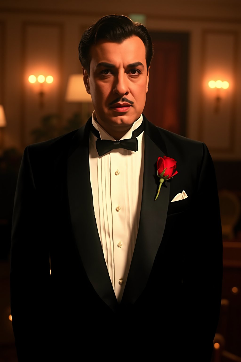 Elegant and dramatic scene featuring a sophisticated mgr in a classic tuxedo, set against a backdrop of softly blurred, glowing lights that exude an air of mystery. The aesthetic is hyperrealistic, with rich, deep colors dominated by black and gold tones, highlighting the character's confident demeanor. Details include a red rose tucked into the lapel and the iconic title "The Godfather" rendered in a bold, vintage typeface. The overall mood is one of intrigue and power, reflecting the essence of classic cinema.