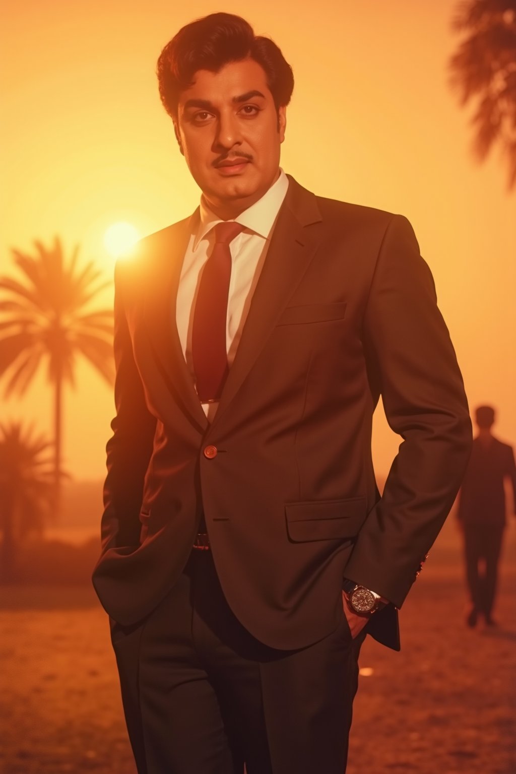 A nostalgic scene from vintage Indian cinema: A classic 1950s-style movie poster comes to life as a mgr in a stunning suit poses elegantly against a warm, golden sunset backdrop. Soft focus and dreamy lighting evoke the era's iconic filmmaking style, while the mgr's confident expression pays homage to legendary actors