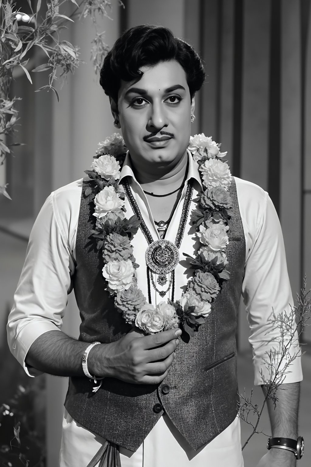 mgr wearing a traditional outfit adorned with a floral garland, standing confidently in a vintage monochrome setting. The scene is reminiscent of classic indian cinema, capturing an era of elegance and nostalgia. The background features soft, blurred outlines of greenery, enhancing the focus on the subject. The lighting is gentle and diffused, casting soft shadows that add depth to the image. His outfit consists of a stylish waistcoat over a white shirt, with intricate jewelry noticeable around his neck. The overall aesthetic is a blend of hyperrealism and vintage charm, with deep blacks and soft grays, evoking a timeless quality.