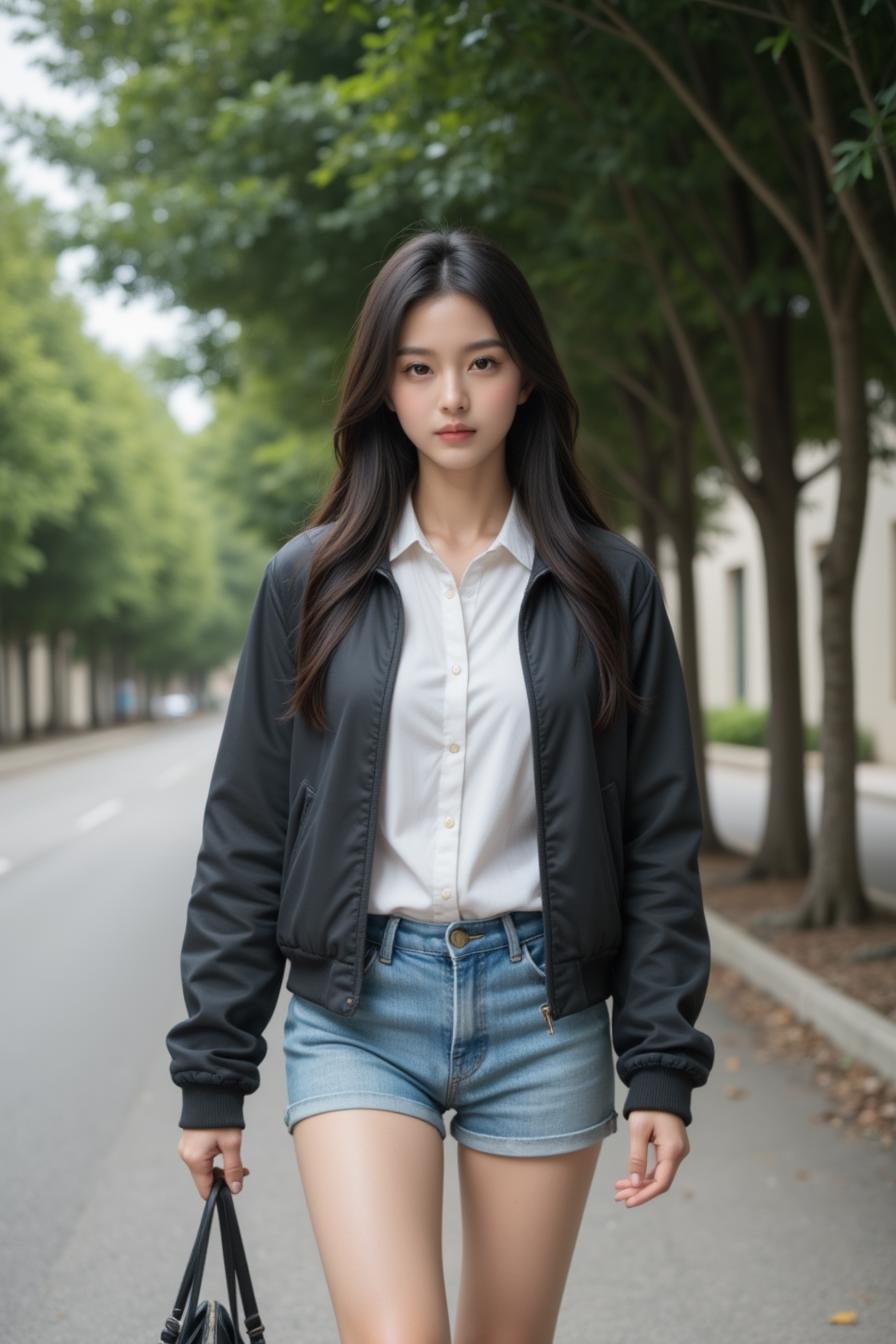 <lora:JasmineFluxV103:0.9>, Jasmine, Realistic photograph, Movie light, film grain,1girl, solo, shorts, black hair, long hair, bag, outdoors, denim, tree, denim shorts, standing, shirt, handbag, brown eyes, walking, short shorts, jacket, white shirt,  <lora:flux-RealismLora :1>,