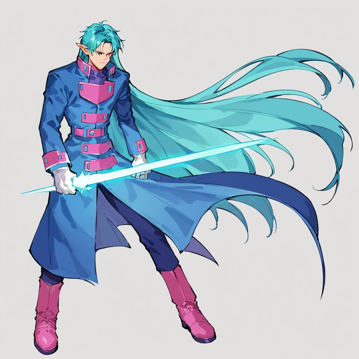 score_9, score_8_up, score_7_up, masterpiece, best quality, absurdres, BREAK 
1boy, solo, simple background, white background, full body, long hair, aqua hair, bangs,blue coat, longcoat, long sleeves,white gloves, pointy ears,holding weapon, energy sword, pink boots, full body
