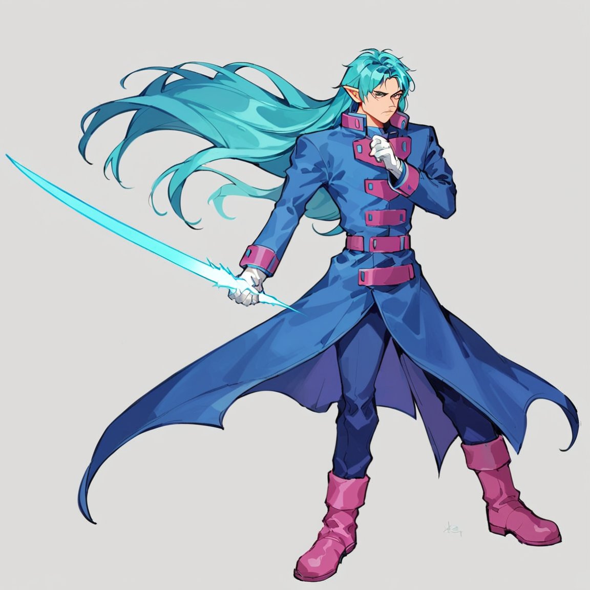 score_9, score_8_up, score_7_up, masterpiece, best quality, absurdres, BREAK 
1boy, solo, simple background, white background, full body, long hair, aqua hair, bangs,blue coat, longcoat, long sleeves,white gloves, pointy ears,holding weapon, energy sword, pink boots, full body
