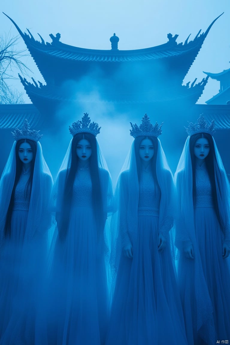 blue theme, 4girls, multiple girls, dress, veil, long hair, architecture, looking at viewer, monochrome, fog, east asian architecture, crown