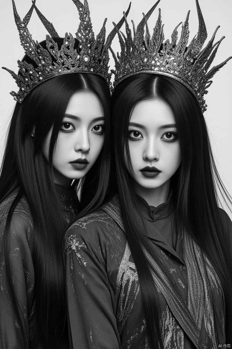 multiple girls, monochrome, 2girls, long hair, looking at viewer, greyscale, crown, horns, makeup