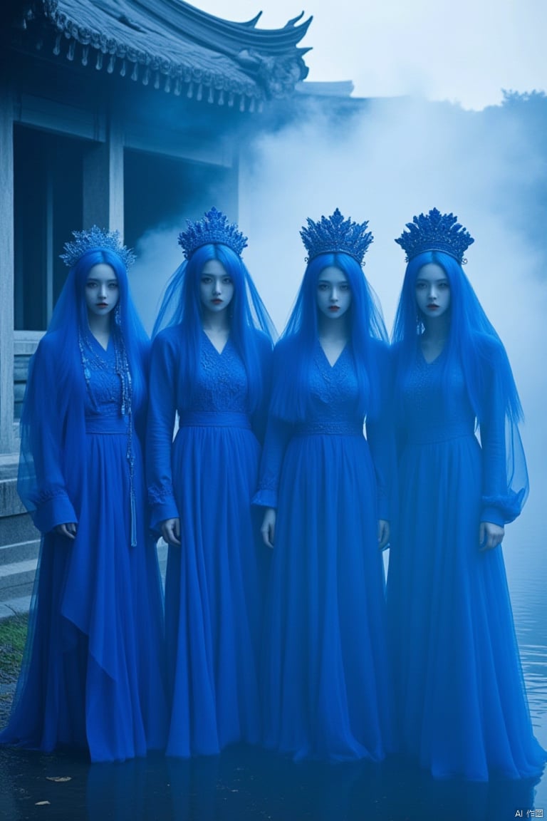 blue theme, 4girls, multiple girls, dress, veil, long hair, architecture, looking at viewer, monochrome, fog, east asian architecture, crown