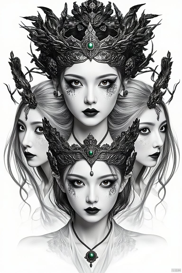 multiple girls, monochrome, 2girls, long hair, looking at viewer, greyscale, crown, horns, makeup