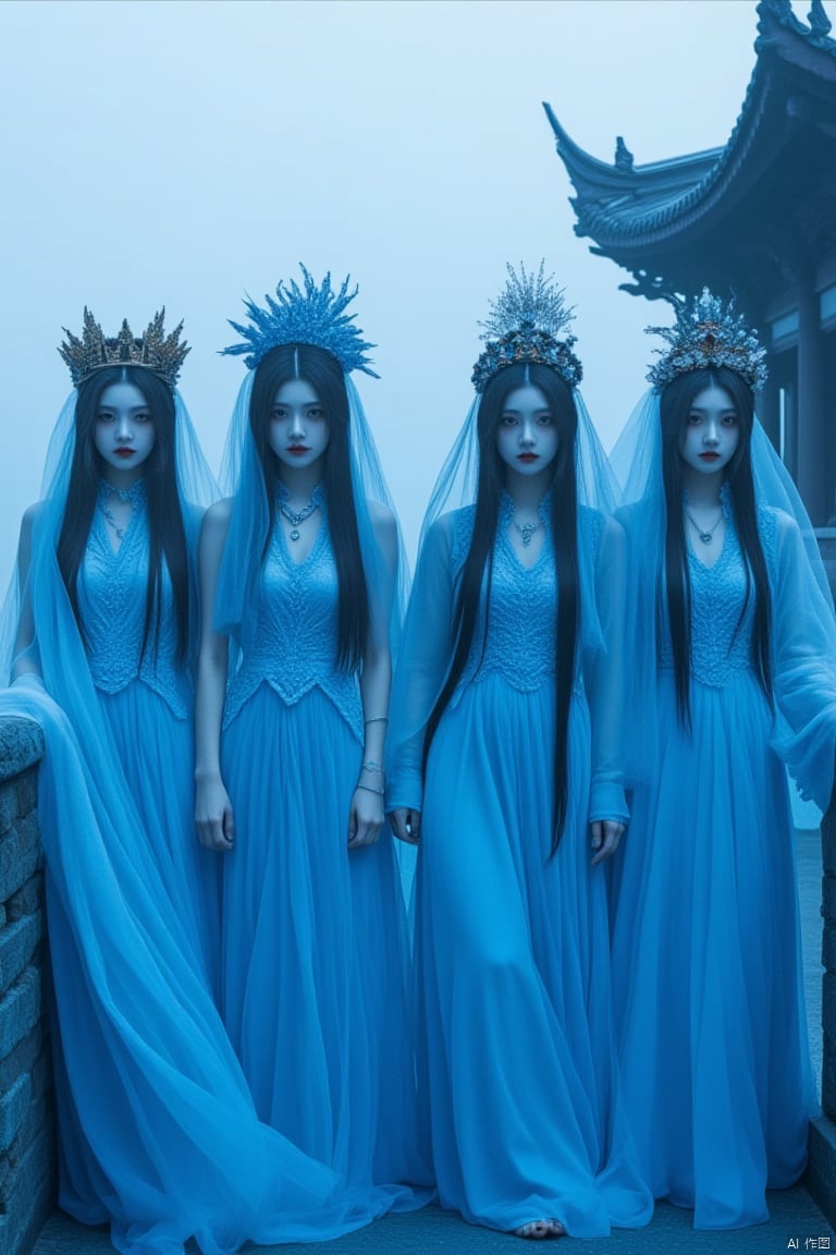 blue theme, 4girls, multiple girls, dress, veil, long hair, architecture, looking at viewer, monochrome, fog, east asian architecture, crown