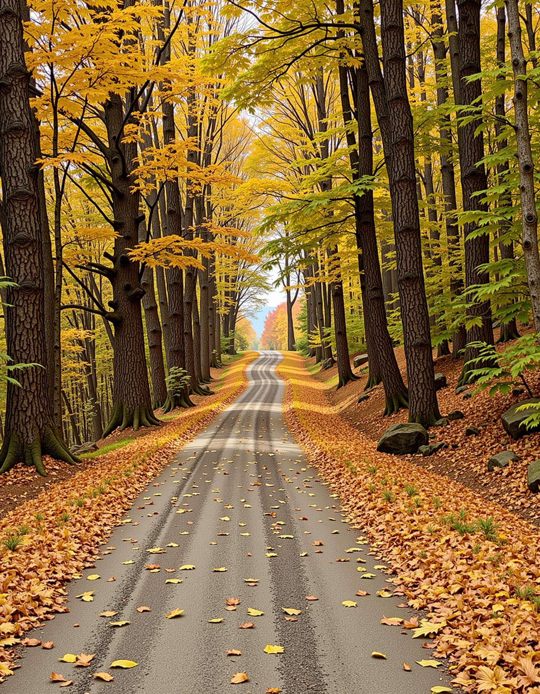 hyp3rd3tail style, a low angle shot, old winding Vermont country dirt road covered in autumn leaves, early morning light, morning mist