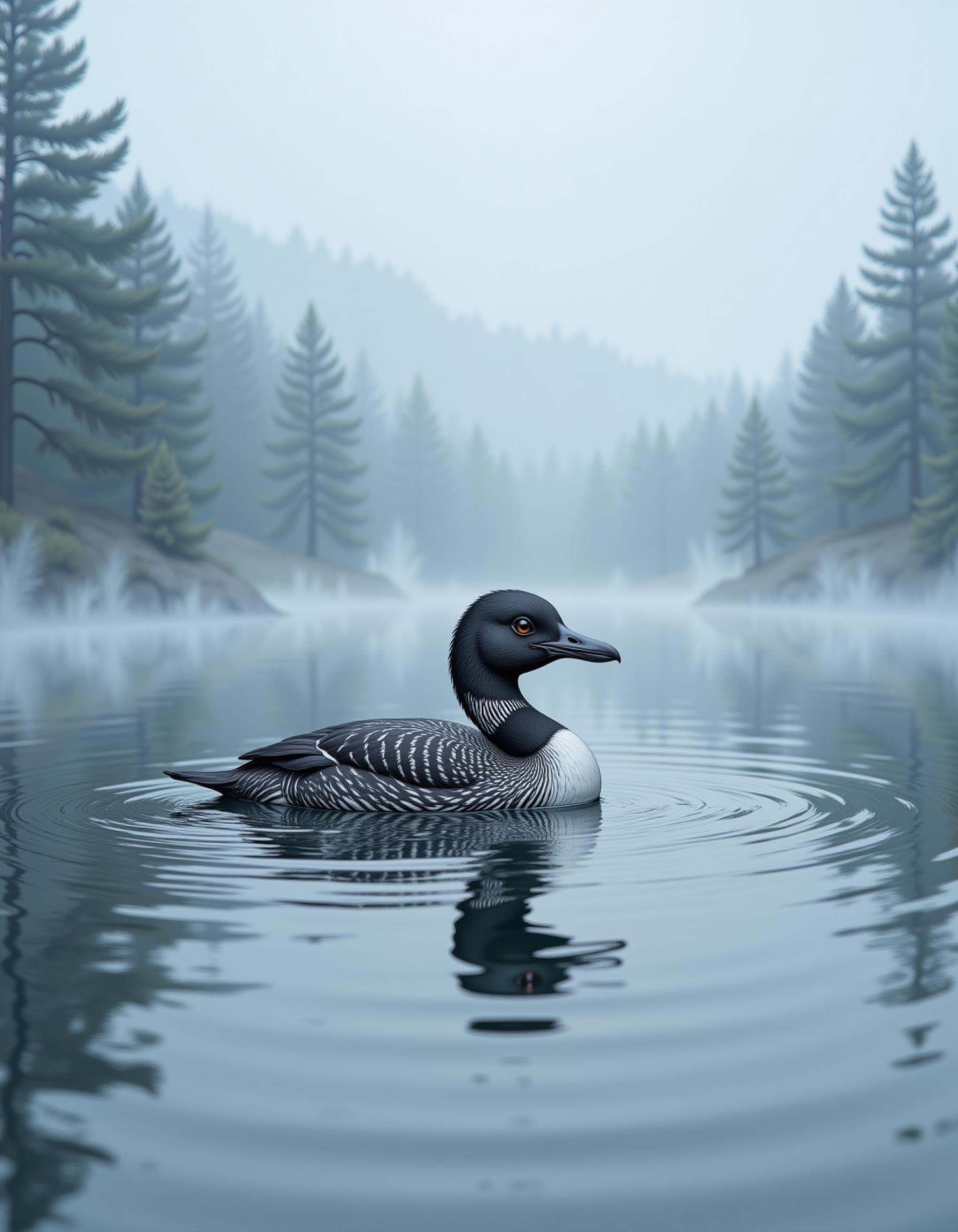 hyp3rd3tail stylea closeup of a loon floating in a misty morning lake