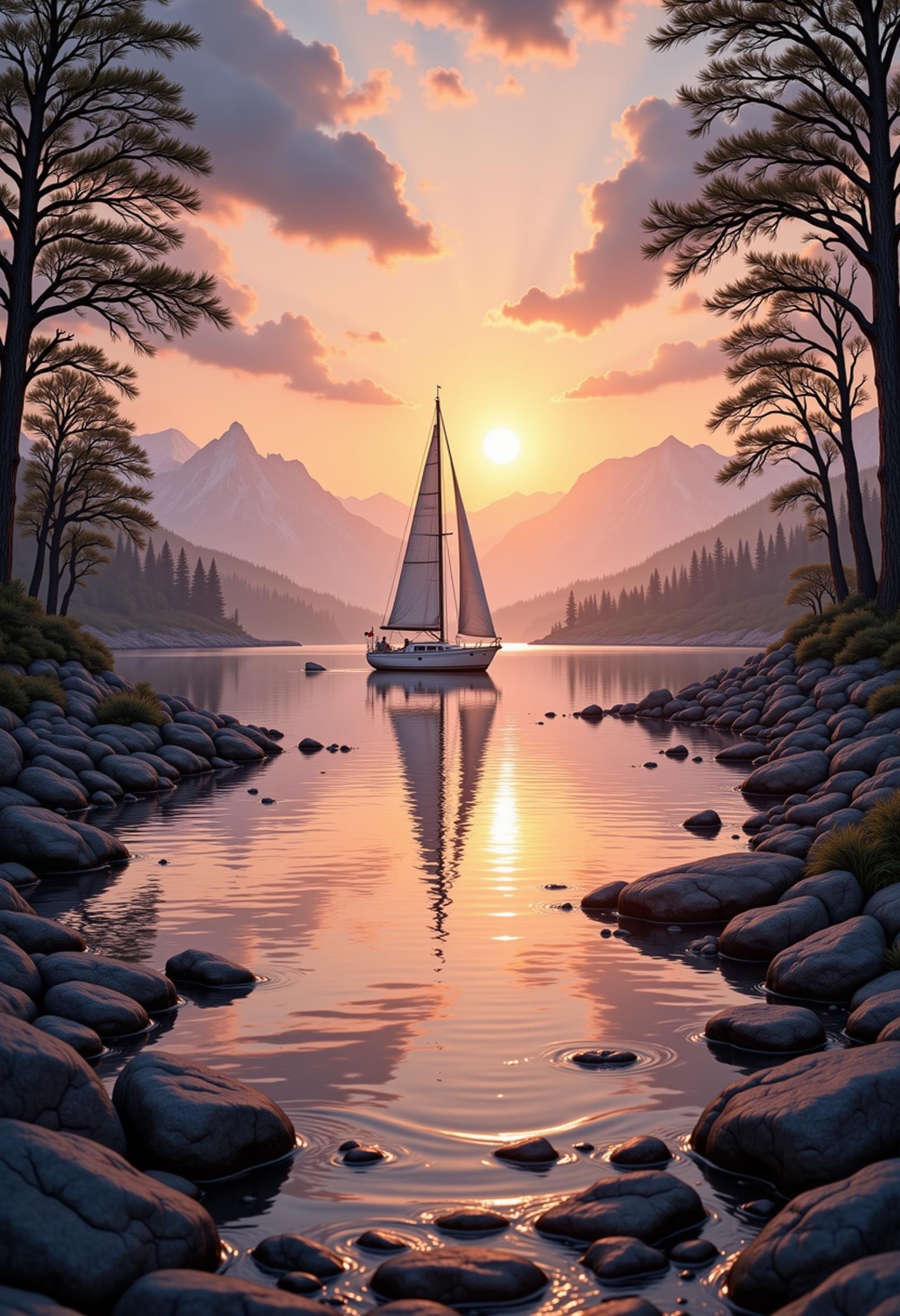 hyp3rd3tail style,  a solitary sailboat in the distance on a serene lake, sunset