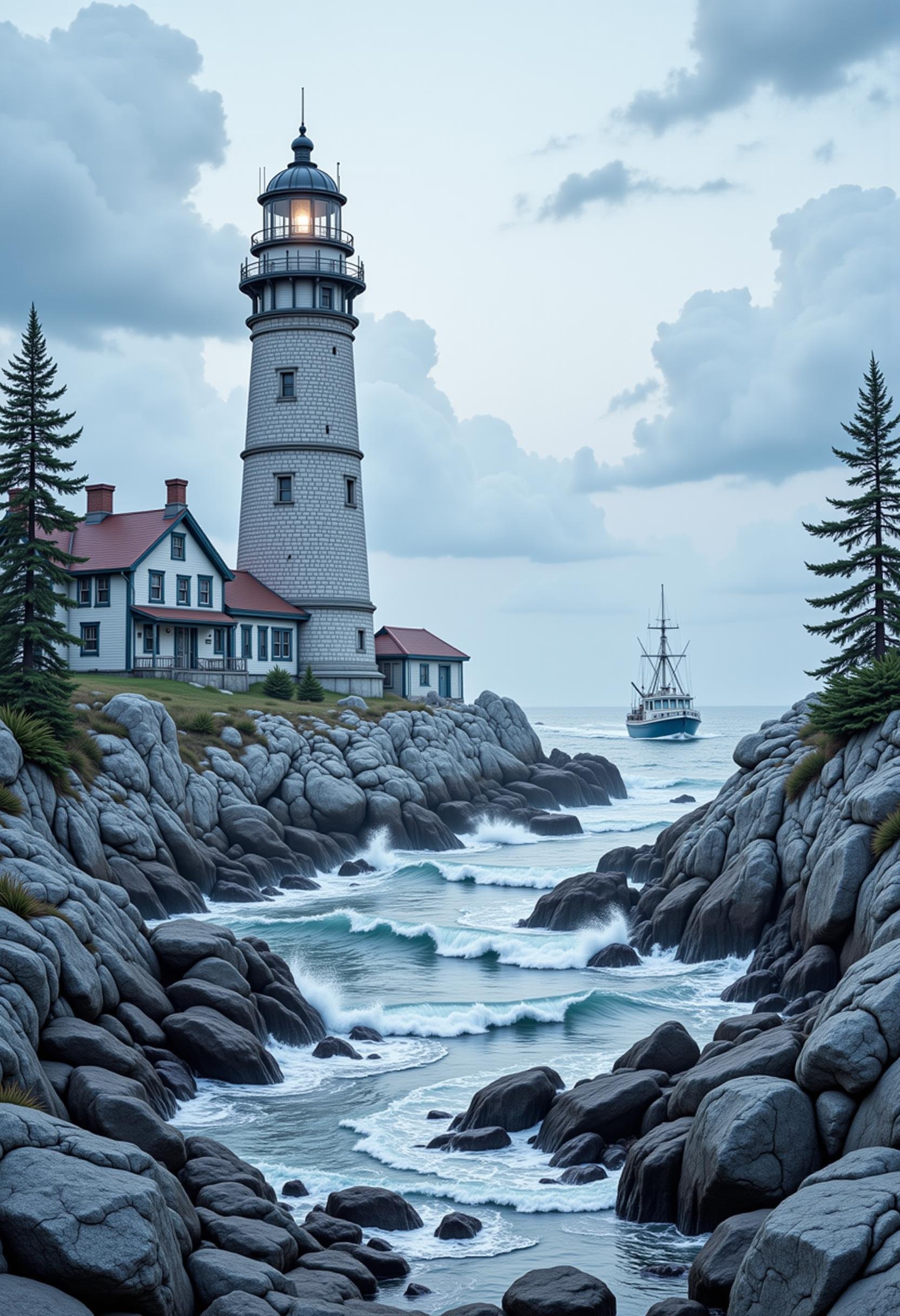 hyp3rd3tail style, a lighthouse along the Maine coast, a fishing boat 