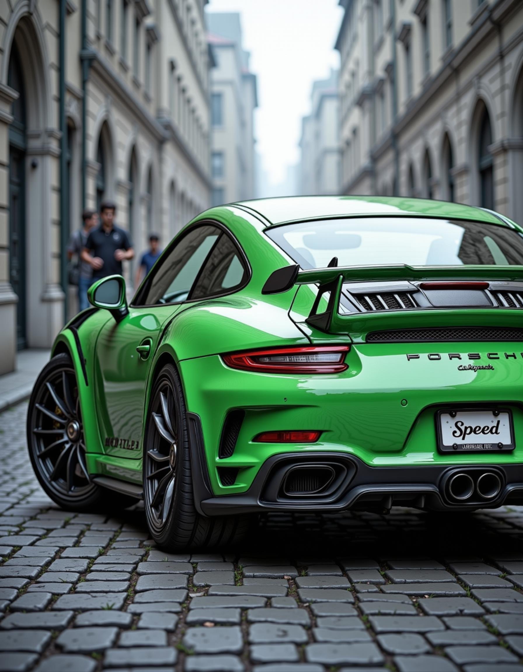 hyp3rd3tail style, a green Porsche, license plate says "Speed", shot from low angle