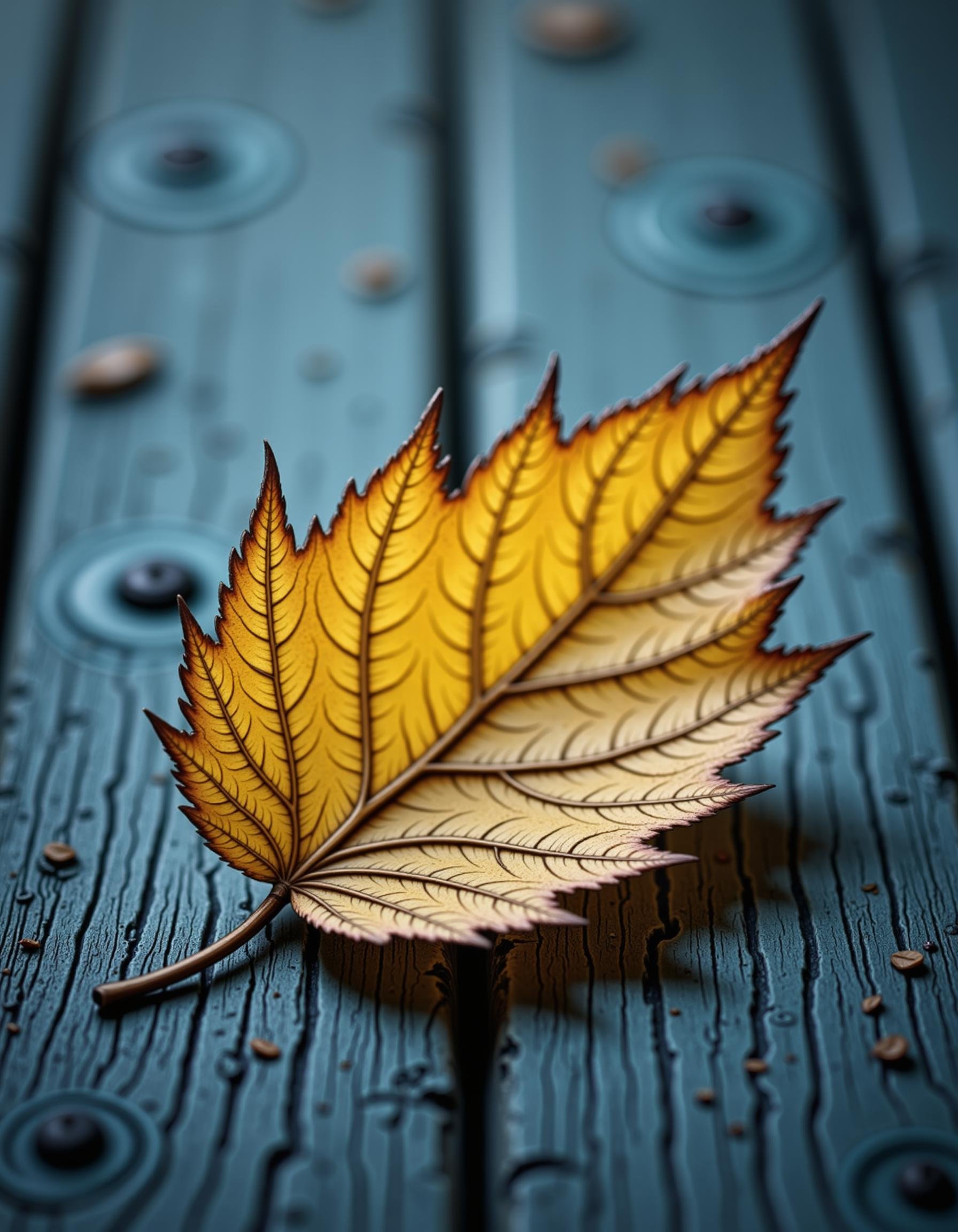 hyp3rd3tail style, highly detailed yellow leaf (with fine textures) on a weathered, textured blue wooden surface, vibrant contrast between the (bold yellow) and the (faded, peeling wood), depth and shadow enhanced using (Gaussian blur) for a soft background focus, (sharpen filter) applied to the leaf for crisp edges, (color grading) to enhance contrast between warm and cool tones, (lens flare) subtly added to create natural lighting effect, (noise reduction) for a smooth, clean finish, (HDR toning) used for extra depth and detail, emphasizing the intricate patterns in both the leaf and wood grain, (shot from low angle:1.3)