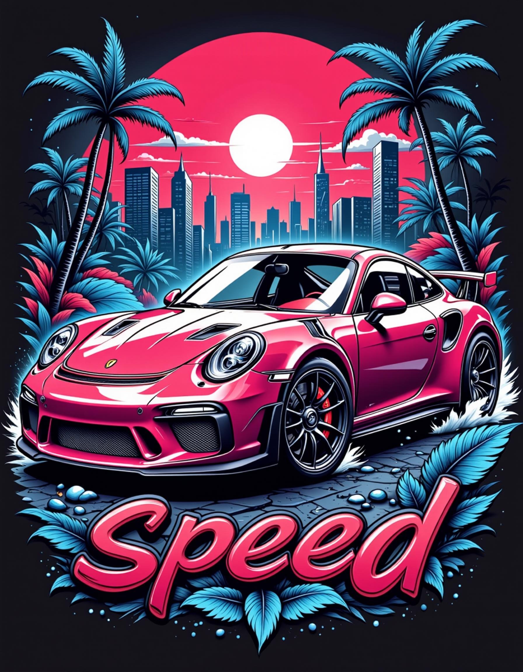 tshirt design, hyp3rd3tail style, a sports car, text "Speed", style of 5h1rt