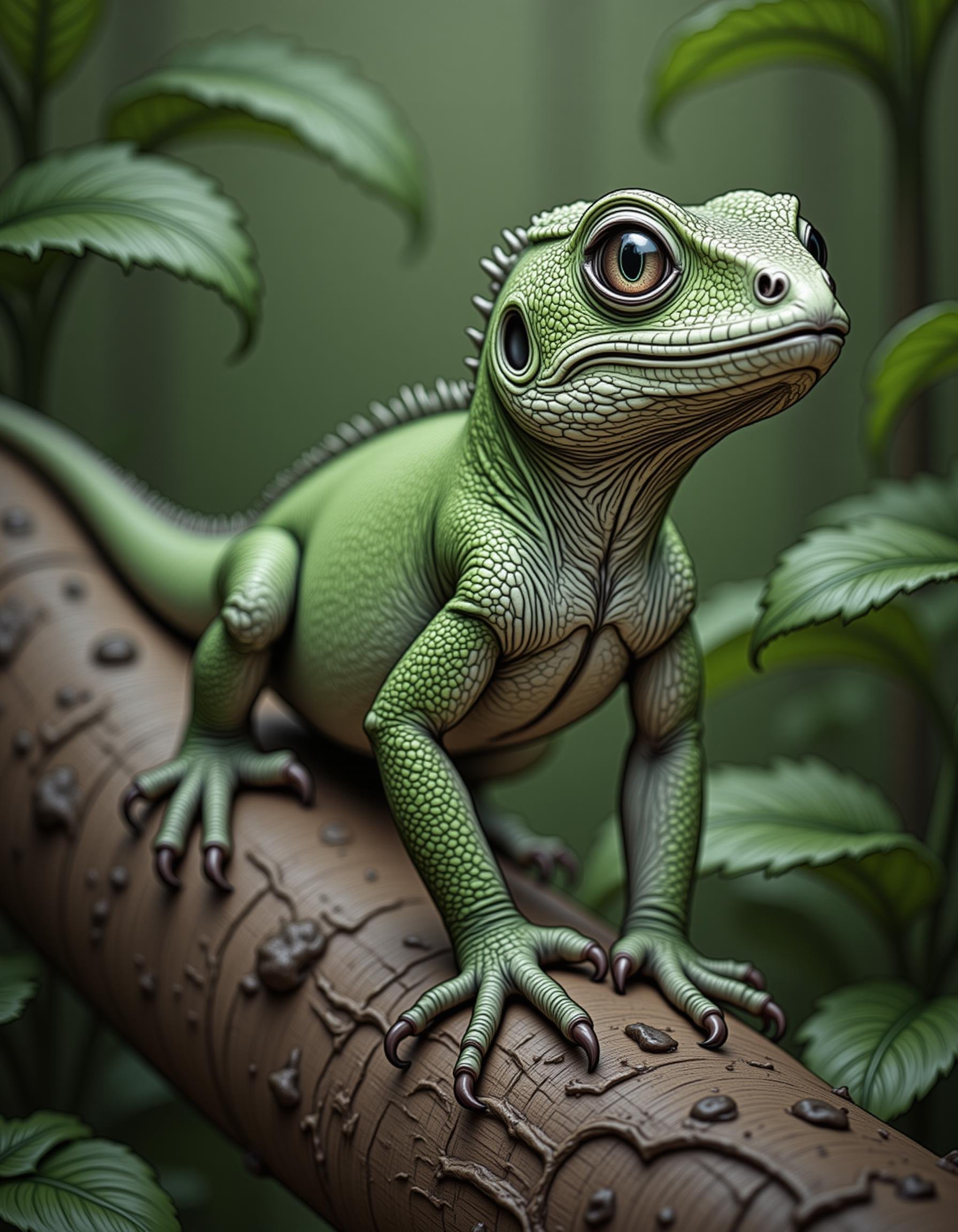 hyp3rd3tail styleA vibrant green gecko perched on a rough tree bark, its large eyes alert and focused. Tiny scales catch the sunlight, giving its skin a subtle shimmer. The lizard's toes grip the bark securely, and its long tail curves slightly around the branch. In the blurred background, tropical leaves create a soft, out-of-focus jungle setting.