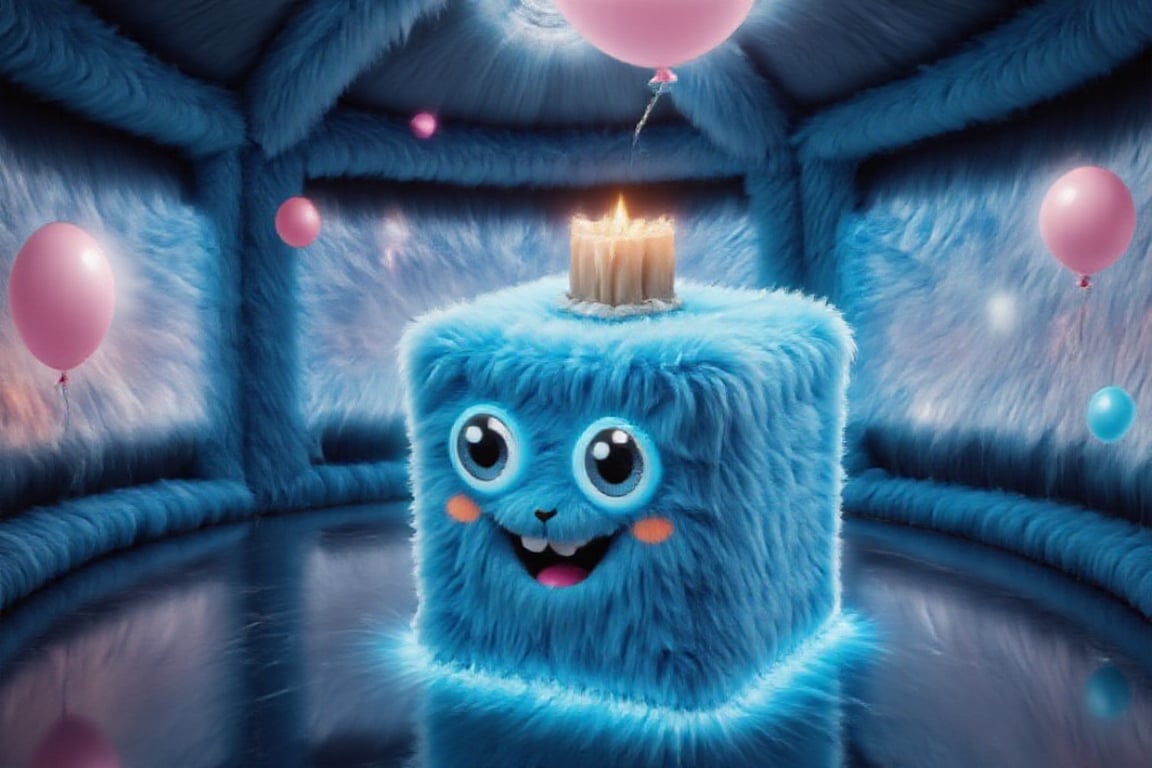 A futuristic space station background featuring a vibrant blue cube-shaped mascot, surrounded by swirling stars and neon light,  is adorned with colorful confetti and balloons, beaming with joy as it holds a giant cake with candles lit. The room is filled with holographic screens displaying a flurry of birthday greetings from around the world in various languages, represented by scrolling emails and letters, creating a whimsical and celebratory atmosphere.,Tenten