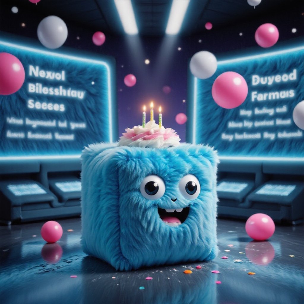 A futuristic space station background featuring a vibrant blue cube-shaped mascot, surrounded by swirling stars and neon light,  is adorned with colorful confetti and balloons, beaming with joy as it holds a giant cake with candles lit. The room is filled with holographic screens displaying a flurry of birthday greetings from around the world in various languages, represented by scrolling emails and letters, creating a whimsical and celebratory atmosphere.,Tenten