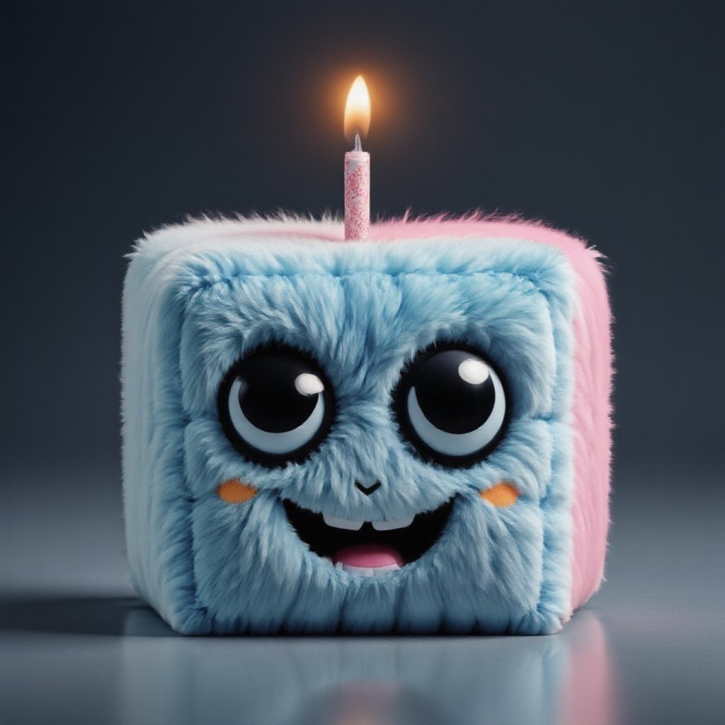 a cube shape mascot in a futuristic space, he celebrates his birthday with many letters and emails from around the world.